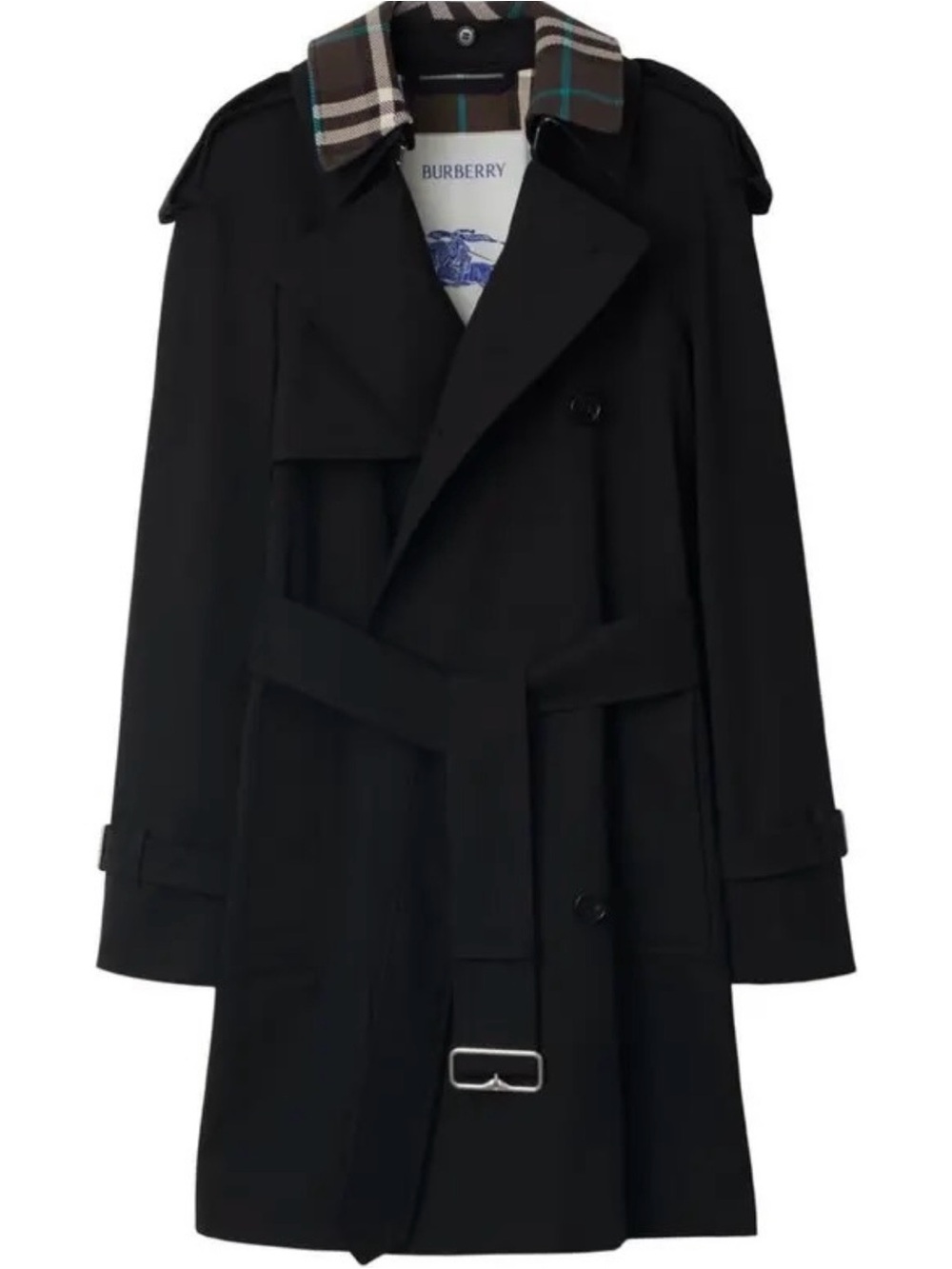 Burberry Black Trench Coat with Signature Check Collar Accent
